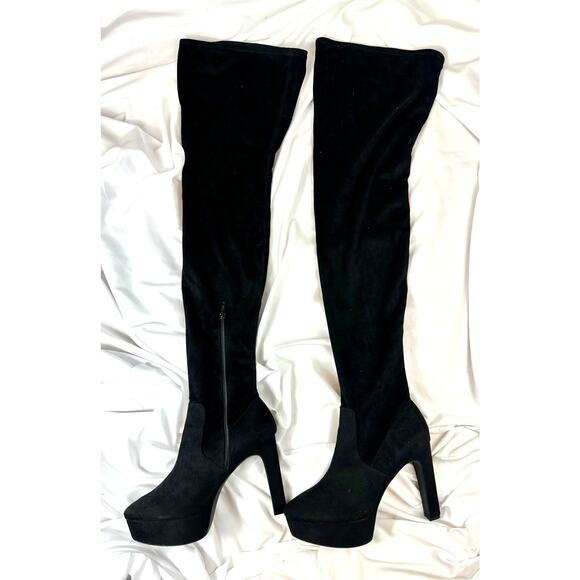 H & M Thigh High Platform Boots Stretch Faux Suede Black 10 - Picture 7 of 16
